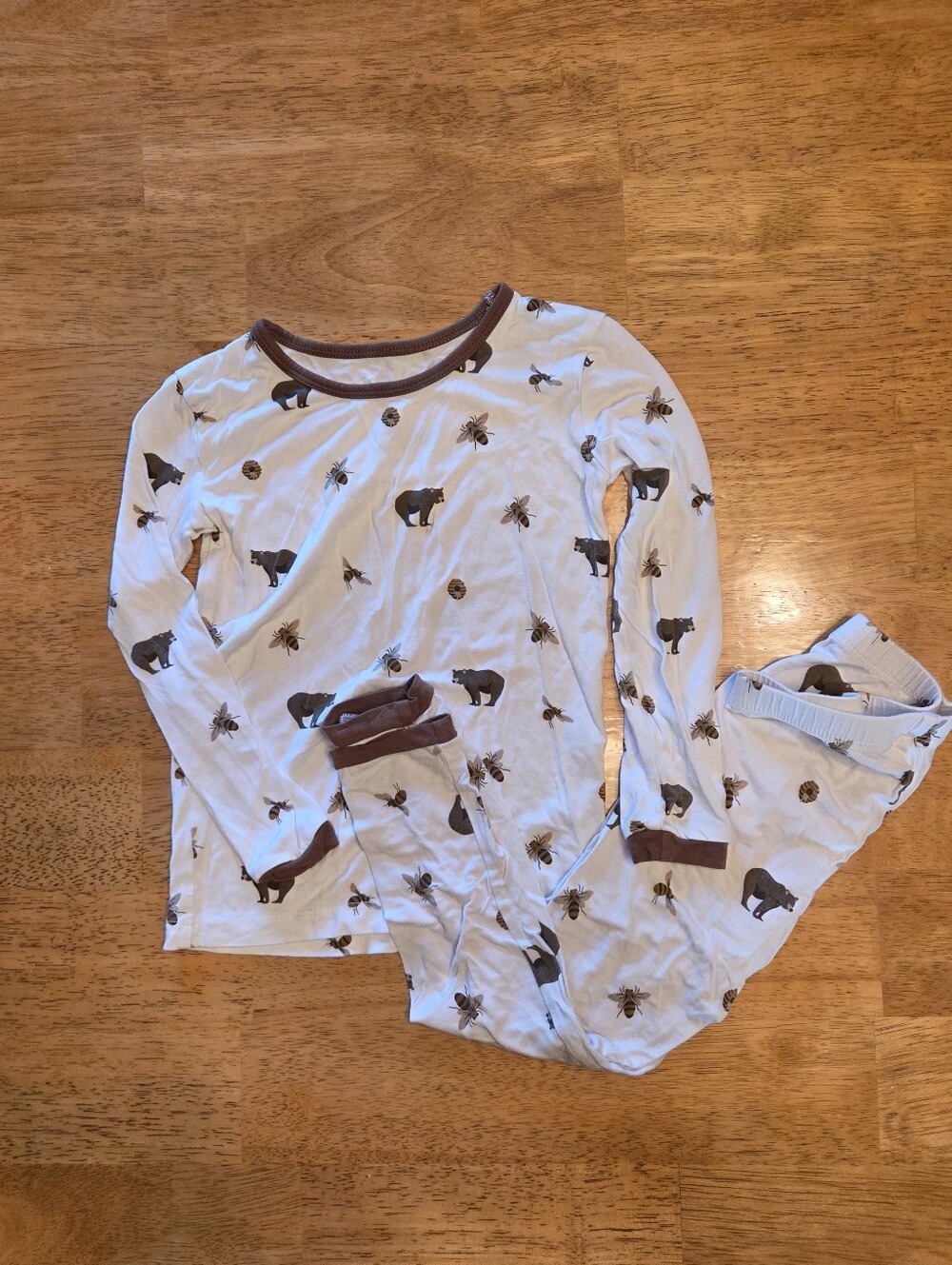 White Pajama Set with Brown Bear & Bee Accents